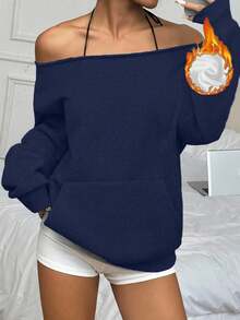 Flirla Women's Solid Color Off-Shoulder Long Sleeve Loose Fleece Sweatshirt Fall Cloth For Women - Navy Blue - View 1