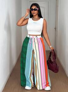 Maweii Thiết kế mới mùa hè 2025 có túi, quần ống rộng rộng rãi họa tiết chắp vá nhiều màu, họa tiết in cổ điển, quần ống rộng thường ngày sáng tạo - Nhiều màu - Xem 2