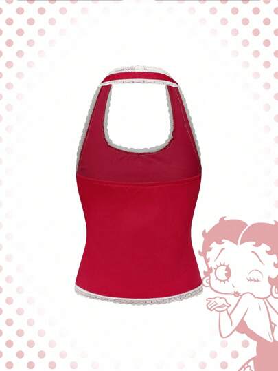 Betty Boop | ROMWE Top moulant à encolure bateaux avec garniture en dentelle contrastante et motif graphique de personnage de dessin animé pour femmes