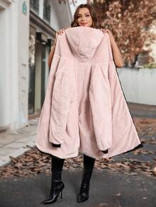 SHEIN Clasi Plus Size Women's Daily Black Contrast Pink Thick Plush Lining Hooded Long Sleeve Casual Quilted Coat, Thermal Lined To Keep Warm And Cold,Comfortable And Warm From The Cold,2025 New,Winter,Vintage,Going Out,Fall,Winter,Fall, Office,Fall,Classy,Fall,Halloween Costumes,Old Money Style - Black - View 7