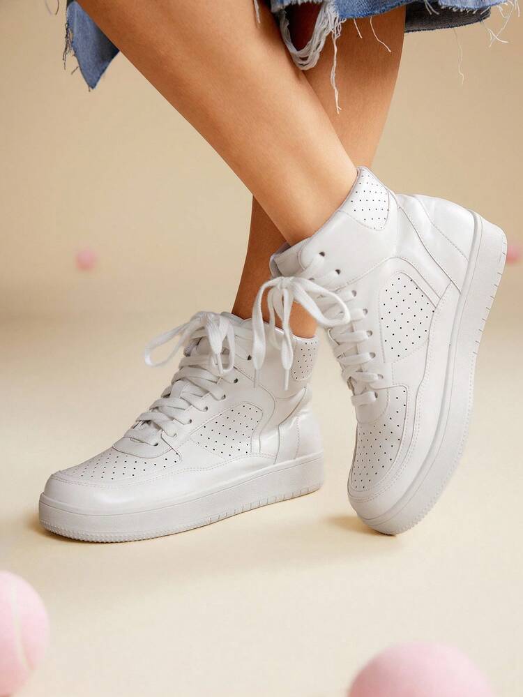 CUCCOO EASI Damskie sznurowane trampki z okrągłym noskiem i grubą podeszwą, białe, ze skóry PU, do codziennego noszenia na świeżym powietrzu