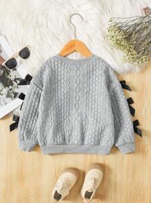 SHEIN Young Girl Bowknot Decor Knitted Padded Sweatshirt,Princess 7th Birthday Career Day Back-To-School Autumn Color-Block Round Neck Cropped Sweatshirt - Grey - View 4
