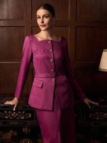 ZEYLAH Women's Square Neck Single-Breasted Embroidered Fashion Blazer - Purple - View 6