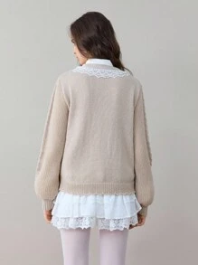 ROMWE Kawaii Áo khoác cardigan cài nút phía trước họa tiết ren tương phản thường ngày dành cho nữ - Màu be - Xem 2