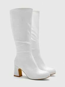 CUCCOO BIZCHIC 女士高跟靴，百搭优雅时尚 PU 粗跟靴，适合秋冬季 - 白色 - 查看 6