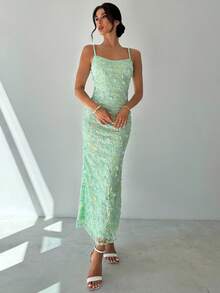 Firerie فستان سهرة أنيق للنساء مع تطريز بالترتر، حمالات رفيعة، سحاب، ظهر مكشوف، شق عالي في الذيل، مناسب للجسم، أزرق أخضر، مناسب للصيف والخريف