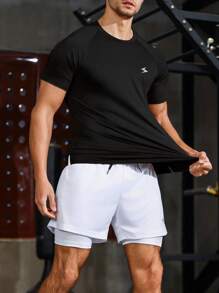 Manfinity Fitness Men Round Neck Graphic Print Short Sleeve Top And Solid Color Drawstring Shorts Sports Suit Workout Set Workout Setsmen Shorts Set Basketball Jersey Men