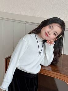 DAZY Young Girls Solid Color Lace Patchwork Long Sleeve Sweater, Korean Style, Autumn/Winter - Beige - View 7