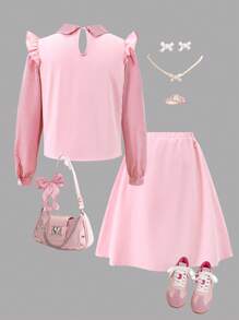 SHEIN 2 件女童甜美格子长袖翻领衬衫和中长 A 字裙套装，适合派对、郊游、学校、通勤、返校季、音乐节、休闲装 - 彩色 - 查看 2