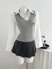 Elamini 女式V领休闲百搭学院风针织背心 - 灰色 - 查看 2