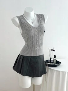 Elamini 女式V领休闲百搭学院风针织背心 - 灰色 - 查看 7