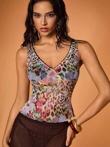 Shutterstock Y2Kool 豹纹花卉蕾丝边 V 领女式背心豹纹上衣动物印花上衣猎豹上衣休闲 - 彩色 - 查看 6