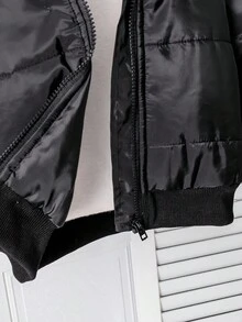 Kleine Mädchen Einfarbige Lange Ärmel Reißverschluss Kragen Lässige Kapuzen Winter Jacke - Schwarz - Übersicht 6