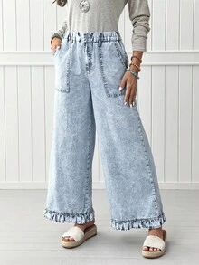 EMERY ROSE Quần Jeans Ống Rộng Có Lưng Thun Co Giãn Và Viền Xếp Ly Cho Nữ - Rửa nhẹ - Xem 5