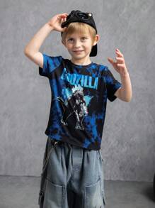 GODZILLAxKONG X SHEIN Young Boy Tie-Dye Monster Pattern Loose Fit Crew Neck Short Sleeve T-Shirt - BLUE AND BLACK - View 4