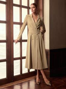 ZEYLAH Ruffle Waist Gathered Long Sleeve Dress, Elegant For Autumn/Winter - Khaki - View 6