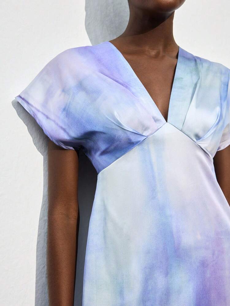 SHEIN Maija Casual Multi-Color Tie Dye Print Asymmetric Shoulder Design Dress, Suitable For Beach, Music Festival, Wedding Guest, Brunch, Boho Style, Women's Elegant Autumn/Winter Dress
