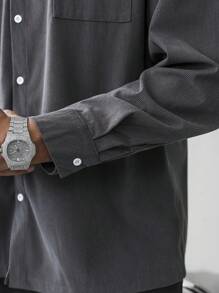 Manfinity Homme 1pc Men's Solid Color Long Sleeve Single Breasted Casual Pocket Shacket ,Dark Grey Button-Up Oversized Streetwear Shacket, A Great Gift For Your Boyfriend, Back To School, Corduroy