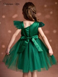 Glamorique Kids Vestido de Navidad para niños, vestido de fiesta, vestido de Santa, vestido de Año Nuevo, vestido de bola de Navidad para niños, vestido de princesa con tirantes asimétricos de niña, vestido de satén verde con brillo, vestido de malla verde con volumen, vestido con lazo, vestido de otoño, vestido para salida, vestido de cumpleaños de niños, vestido de Navidad, vestido de actuación, vestido de cuatro estaciones para Oriente Medio - Verde - Ver 2