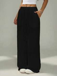 SHEIN PETITE Women's Casual Solid Color Wide Leg Pants Business Casual Woman