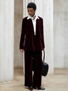 Aveloria Modichic 女士商务休闲天鹅绒双排扣西装外套和阔腿裤套装 - 酒紅色 - 查看 4
