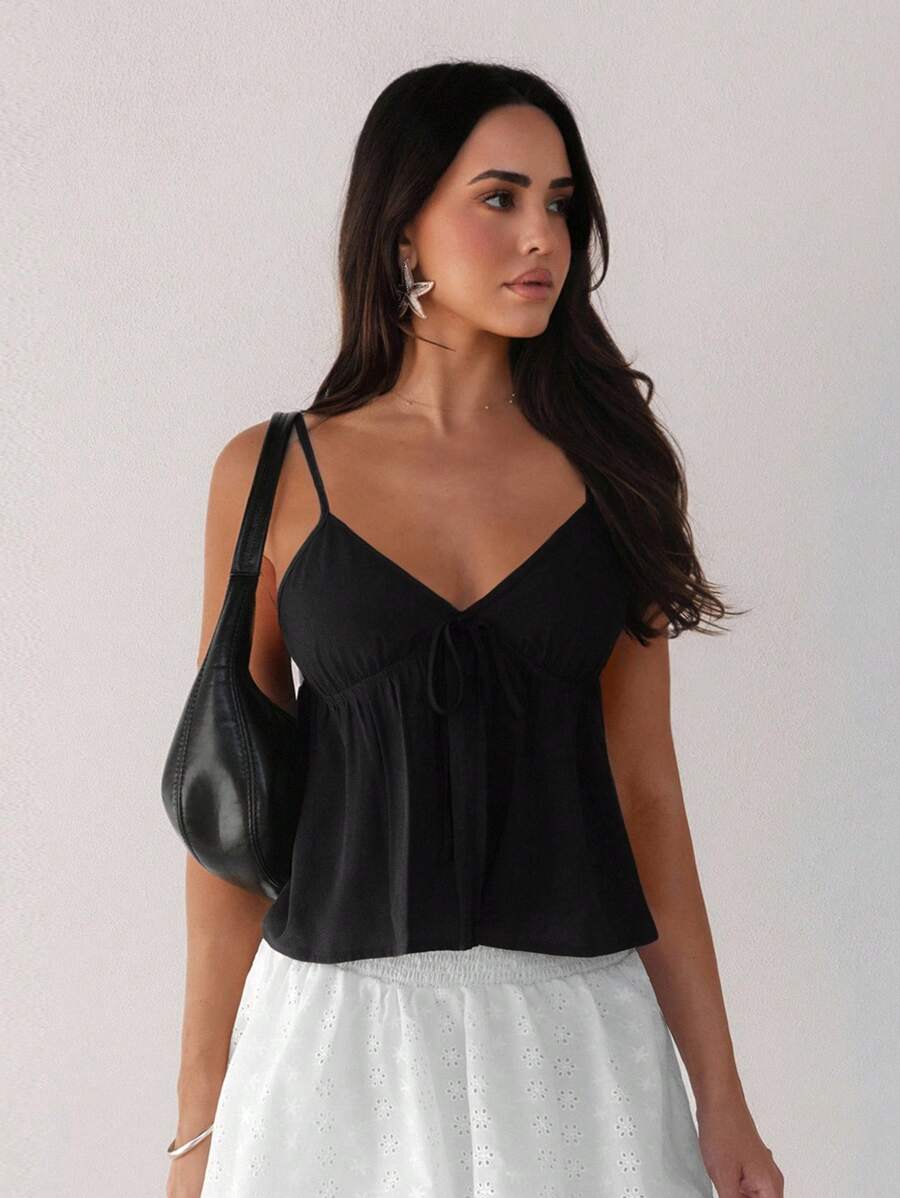 Rafferiza Top de tirantes de mujer de unicolor, casual, de moda y versátil para el verano - Negro - Ver 1
