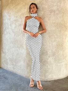 Aloruh 女士优雅性感金属扣复古波尔卡圆点印花装饰镂空紧身黑色针织弹力连衣裙，适合约会 - 白色 - 查看 6