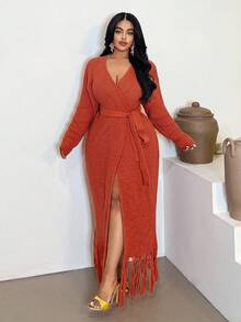 Maweii Halloween Plus Size Casual Solid Color Waist Tie Cardigans Fall Winter Cloth For Women - Orange - View 3