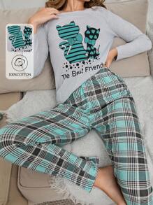 EURMUSE 100% Cotton 2Pcs  Cat Pinted PJ Set - Grey - View 1