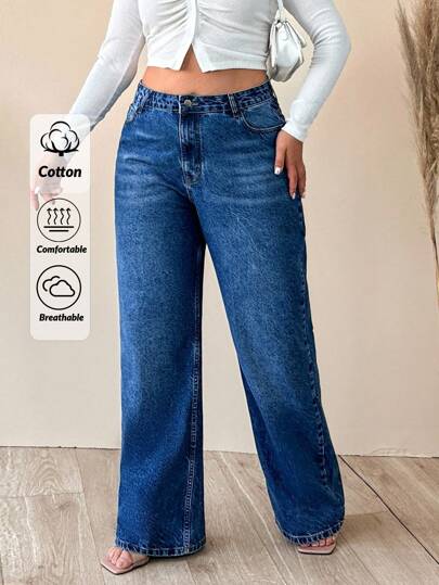 EURMUSE JEANSY Z WYSOKIM STANEM I SZEROKĄ NOGAWKĄ W ROZMIARZE PLUS