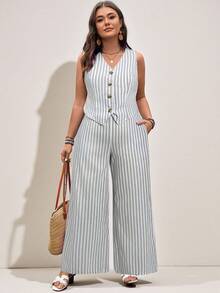 SHEIN LUNE 女士休闲条纹无袖上衣和条纹裤套装节日夏季波西米亚风复古货币女士夏季服装春假狂欢服装节日春假服装棉质 - 淺灰色 - 查看 3