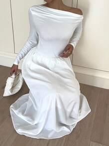 SHEIN EZwear Rochie lungă cu mânecă lungă, cu umeri oblici și pliuri, casual, pentru femei - alb - Vizualizare 4