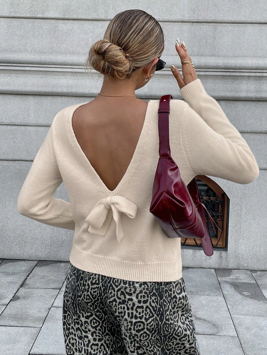 Chiquease Women's Minimalist Backless Bow Knit Pullover Sweater Fall Winter Cloth For Women - Apricot - View 1