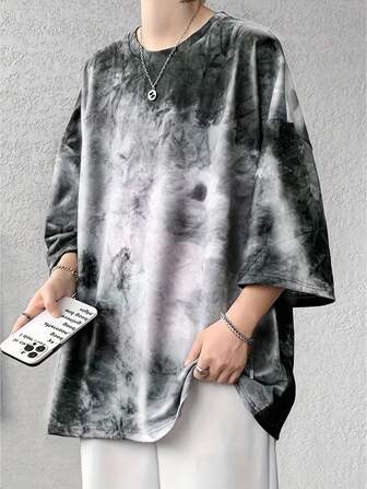 Manfinity Roghcode Camiseta de manga corta de cuello redondo de ajuste holgado con estampado de teñido anudado para hombres en verano, regalo casual para novio