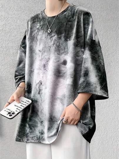 Manfinity Roghcode Camiseta de manga corta de cuello redondo de ajuste holgado con estampado de teñido anudado para hombres en verano, regalo casual para novio