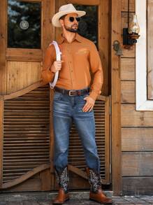 Manfinity Nomadique 男士撞色单排扣长袖休闲橙色衬衫男士西部衬衫焦橙色男士衬衫牛仔衬衫纽扣式西部衬衫 - 卡其色 - 查看 4