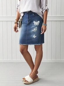 EMERY ROSE Women's Butterfly Printed Fringe Denim Skirt, Summer - Medium Wash - View 5