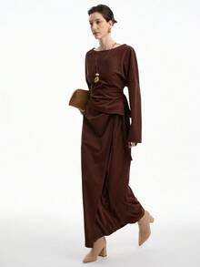 Aalyst Women's Solid Color Round Neck Long Sleeve Loose Top And Pants 2 Pieces Set Fall Cloth For Women - Coffee Brown - View 6