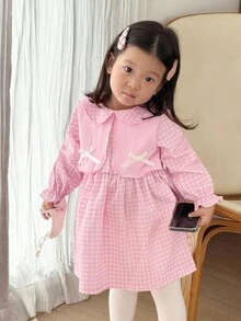 SHEIN 女婴甜美可爱粉色格子二合一长袖连衣裙，撞色白色蝴蝶结装饰 - 粉色 - 查看 5