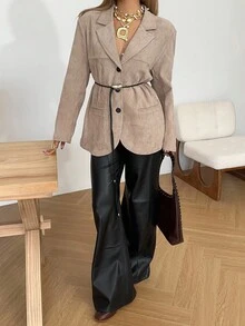 SHEIN EZwear Women's Casual Suede Mottled Lapel Button With Belt Blazer,Fall Clothes For Women, Business Casual Woman - Khaki - View 3