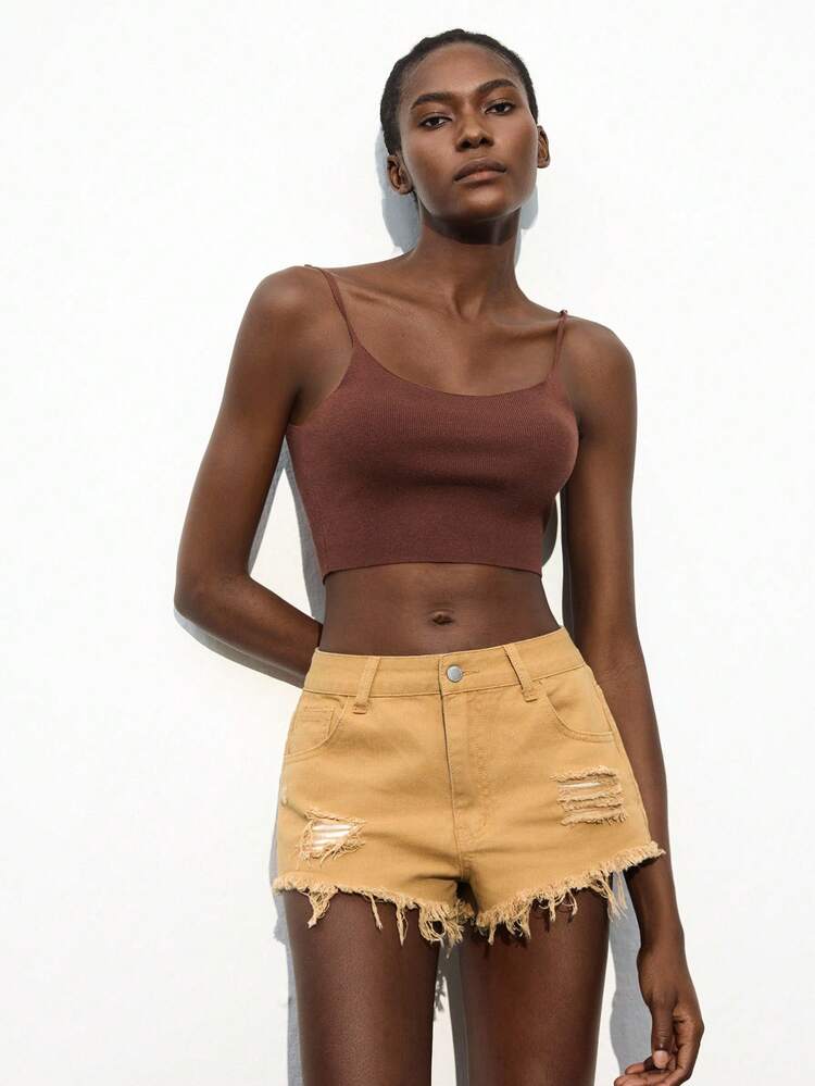 SHEIN Maija Women's Coffee-Colored Denim Shorts Low Waist Ripped Shorts Versatile Casual Pants Wasteland Style
