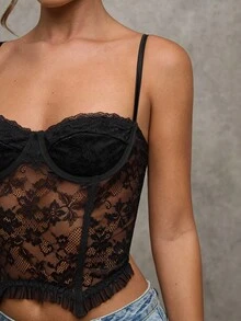 SHEIN BAE Women's Fashion Sexy Lace Frill Trim Camisole Top - Black - View 7