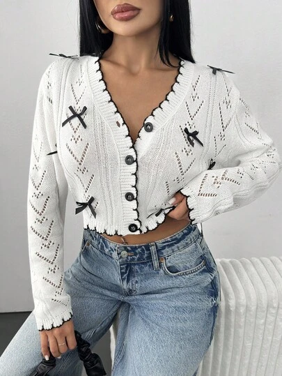Cute V Neck Hollow Out Crochet Black Satin Bow Detailed Button Down Contrast Color Piping Hem Long Sleeve Regular Fit Crop Cardigan For Pre Fall Women Cropped Button Up Button Up Blouse Cropped Cardigan Cropped Top Button Up Top Cropped Blouse Knit Top