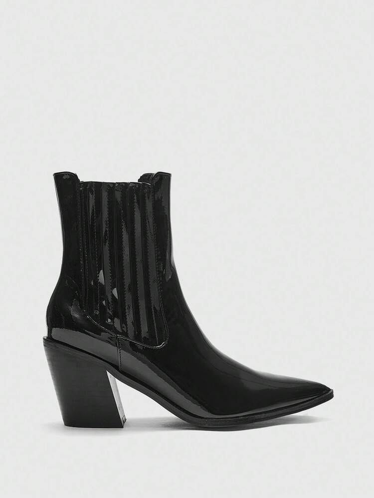 CUCCOO BIZCHIC Women's Fashion All Black Faux Leather Classic Minimalist Low Chunky Heel Mid-Calf Boots