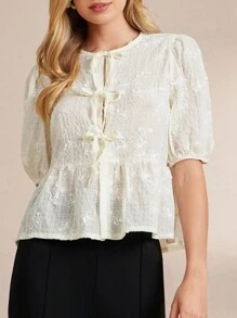 Amorya Women's Front Tie Puff Sleeve Cute Embroidery Vacation Elegant Blouse, Valentine's Day
