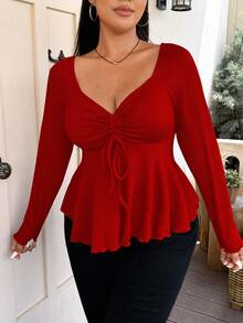 Vionelle Plus Size Sweetheart Neck Front Drawstring Ribbed Long Sleeve T-Shirt Fall Cloth For Women - Red - View 4