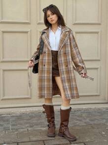 SHEIN Teen Girls' Fashionable Plaid Print Double-Breasted Waist Belt Coat Fall Winter
