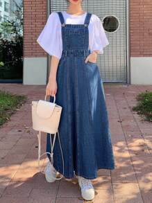 青少年女孩休闲秋冬装纯色水洗斜口袋优雅牛仔背带长裙（不含 T 恤），返校服 - 深色水洗藍 - 查看 1