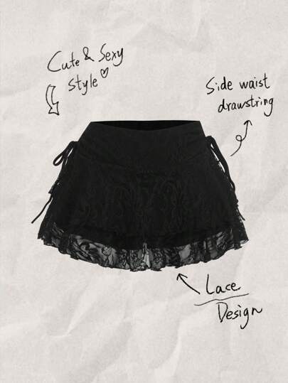 SHEIN MOD Women's Casual Drawstring Waist Bowknot Ruffle Lace Fabric Double Layer Skirt, Suitable For Daily Wear Chic Dress