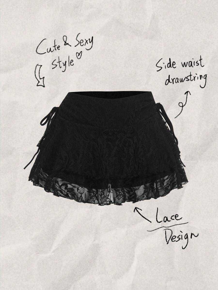 SHEIN MOD Women's Casual Drawstring Waist Bowknot Ruffle Lace Fabric Double Layer Skirt, Suitable For Daily Wear Chic Dress